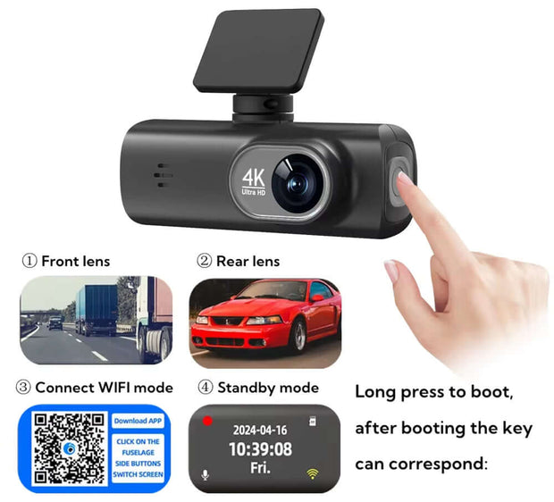 Ultra HD 4K Dual Lens Dash Cam with 1080P Rear Camera, Built-In WiFi & GPS, 24-Hour Parking Monitoring - Ultimate Car DVR Solution