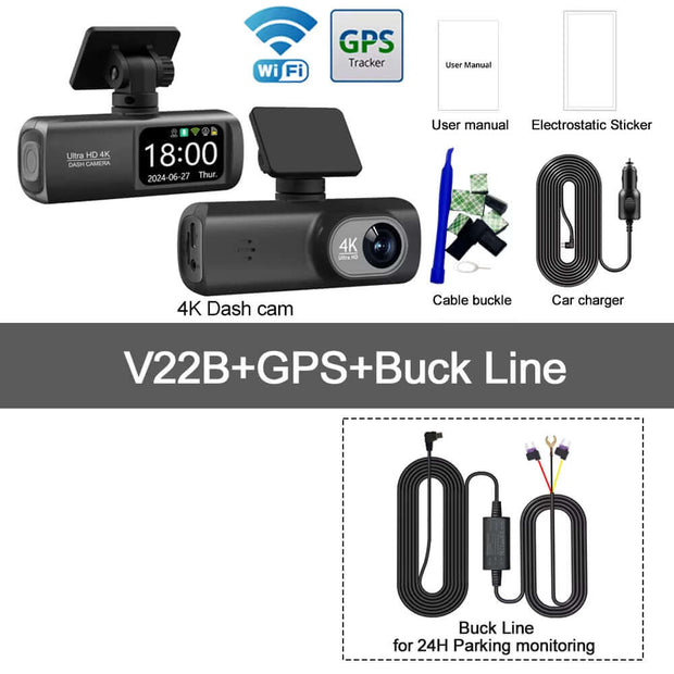 Ultra HD 4K Dual Lens Dash Cam with 1080P Rear Camera, Built-In WiFi & GPS, 24-Hour Parking Monitoring - Ultimate Car DVR Solution