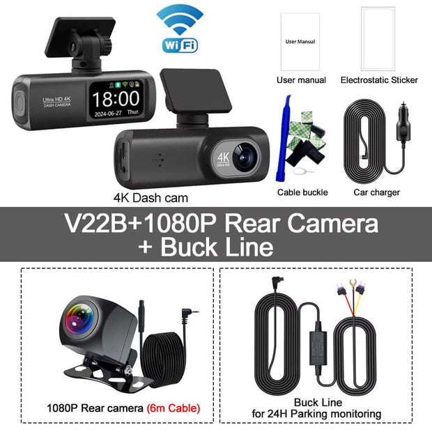 Ultra HD 4K Dual Lens Dash Cam with 1080P Rear Camera, Built-In WiFi & GPS, 24-Hour Parking Monitoring - Ultimate Car DVR Solution