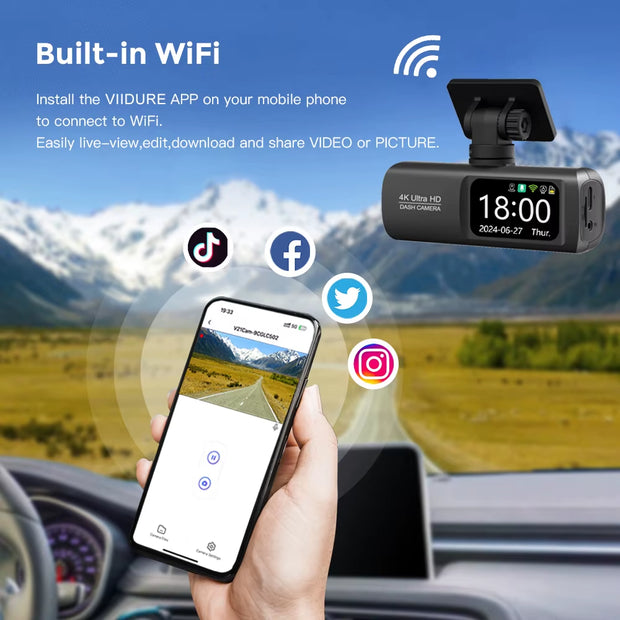 Ultra HD 4K Dual Lens Dash Cam with 1080P Rear Camera, Built-In WiFi & GPS, 24-Hour Parking Monitoring - Ultimate Car DVR Solution
