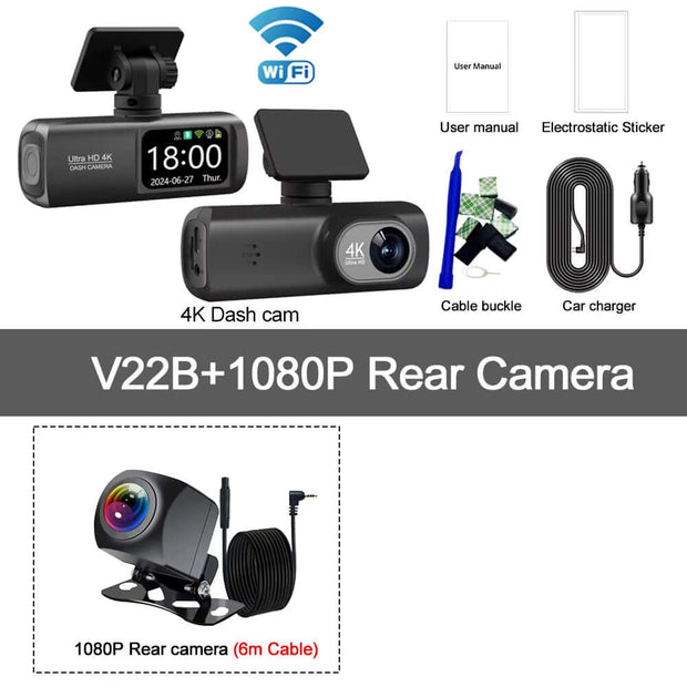 Ultra HD 4K Dual Lens Dash Cam with 1080P Rear Camera, Built-In WiFi & GPS, 24-Hour Parking Monitoring - Ultimate Car DVR Solution