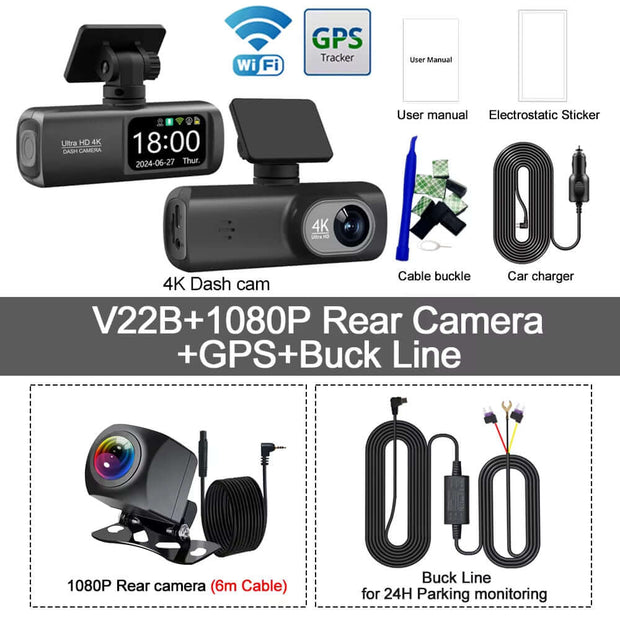 Ultra HD 4K Dual Lens Dash Cam with 1080P Rear Camera, Built-In WiFi & GPS, 24-Hour Parking Monitoring - Ultimate Car DVR Solution