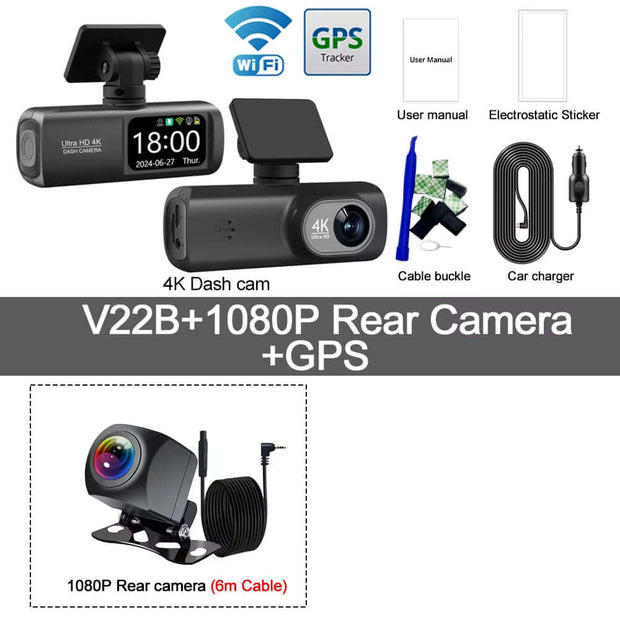 Ultra HD 4K Dual Lens Dash Cam with 1080P Rear Camera, Built-In WiFi & GPS, 24-Hour Parking Monitoring - Ultimate Car DVR Solution