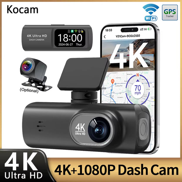 Ultra HD 4K Dual Lens Dash Cam with 1080P Rear Camera, Built-In WiFi & GPS, 24-Hour Parking Monitoring - Ultimate Car DVR Solution